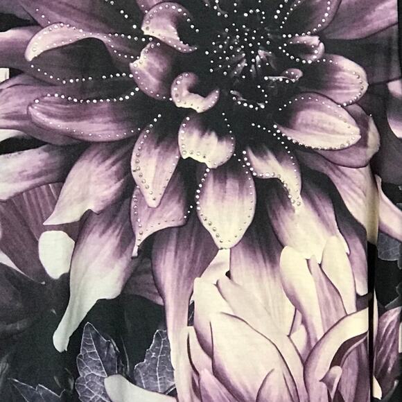 Catherines 3X Purple Floral on Black Silver Embellishments Bell Sleeve Blouse - Picture 2 of 8